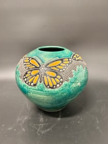 Vintage Butterfly Vase Raku Robin Duke Rogers