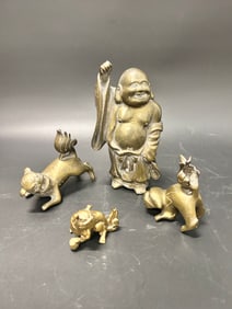 4 Modern Chinese Bronzes Dogs, Buddha