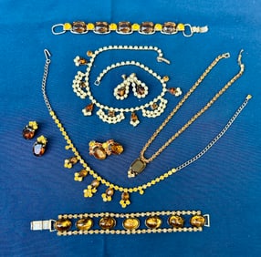 3 Vintage sets Necklace/Clip Earrings & 2 bracelets Amber/Rootbeer Rhinestone