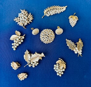 6 Vintage Crown Trifari gold-tone/pearl & 2 sets brooch & earrings