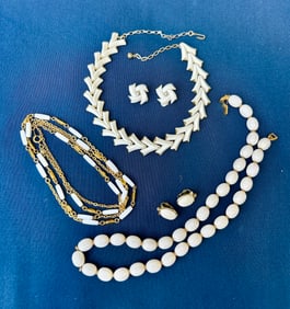2 sets Necklace & Earrings Vintage Crown Trifari add'l necklace white/goldtone