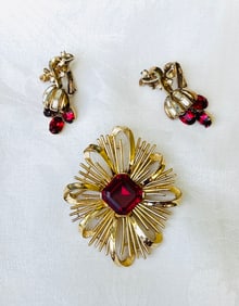 Vintage Crown Trifari 1950 Alfred Philippe Earrings & Crystal Starburst Brooch
