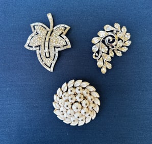 3 Vintage Crown Trifari Brooches inc. Alfred Philippe Crystal Leaf R/S