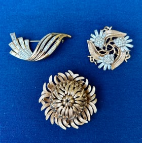 3 Vintage Crown Trifari Brooches inc. Alfred Philippe Thistle, sweep, chrysanthemum