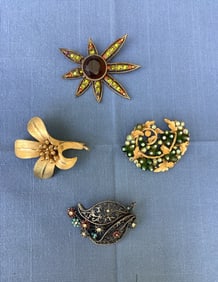 Vintage BSK 4 Brooches, inc. Olivine Burst, Leaf and Berries, & Bouquet