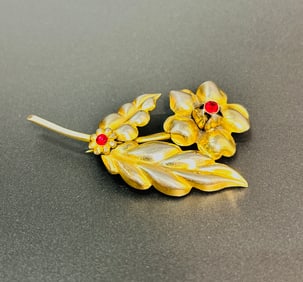 Vintage Tefor Industria Argentina Floral Brooch Red Glass Centers