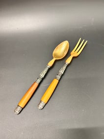 Vintage Salad Serving Set Horn and Silver