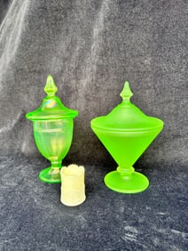 3 Uranium Glass items- 2 lidded jars, one toothpick holder