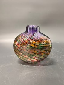 Optic Rib Flat Vase Blown Glass signed Michael Trimpol