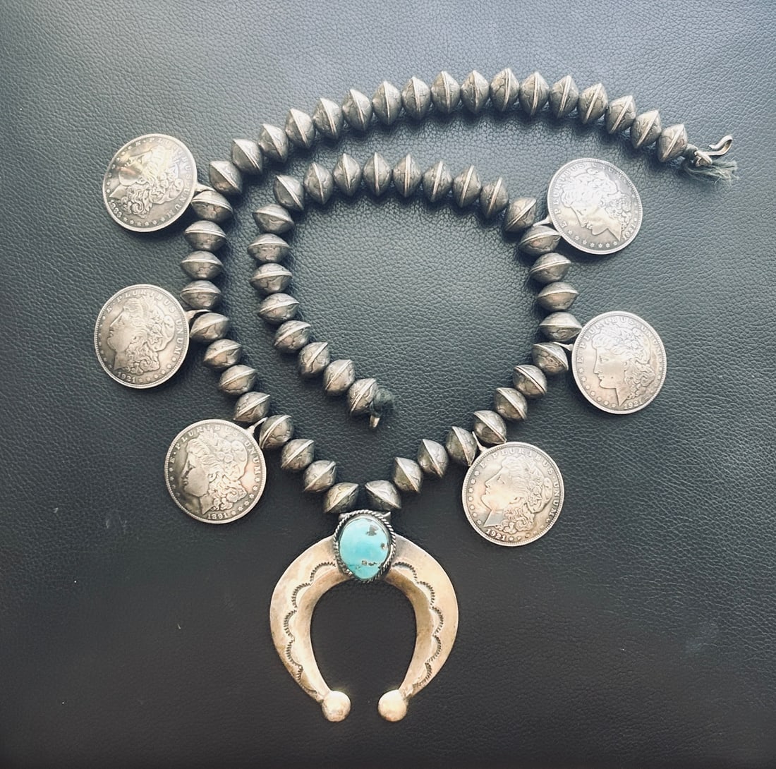 Vintage Mercury Dime & Morgan Silver Dollar Squash Blossom Necklace
