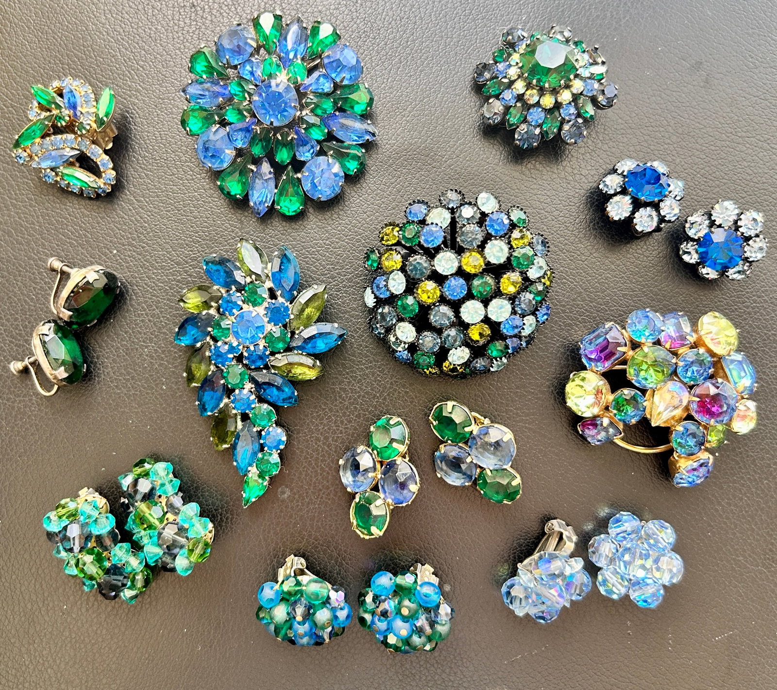 Vintage Blue and Green R/S 5 Brooches 7 Prs. Earrings (1 of 2)
