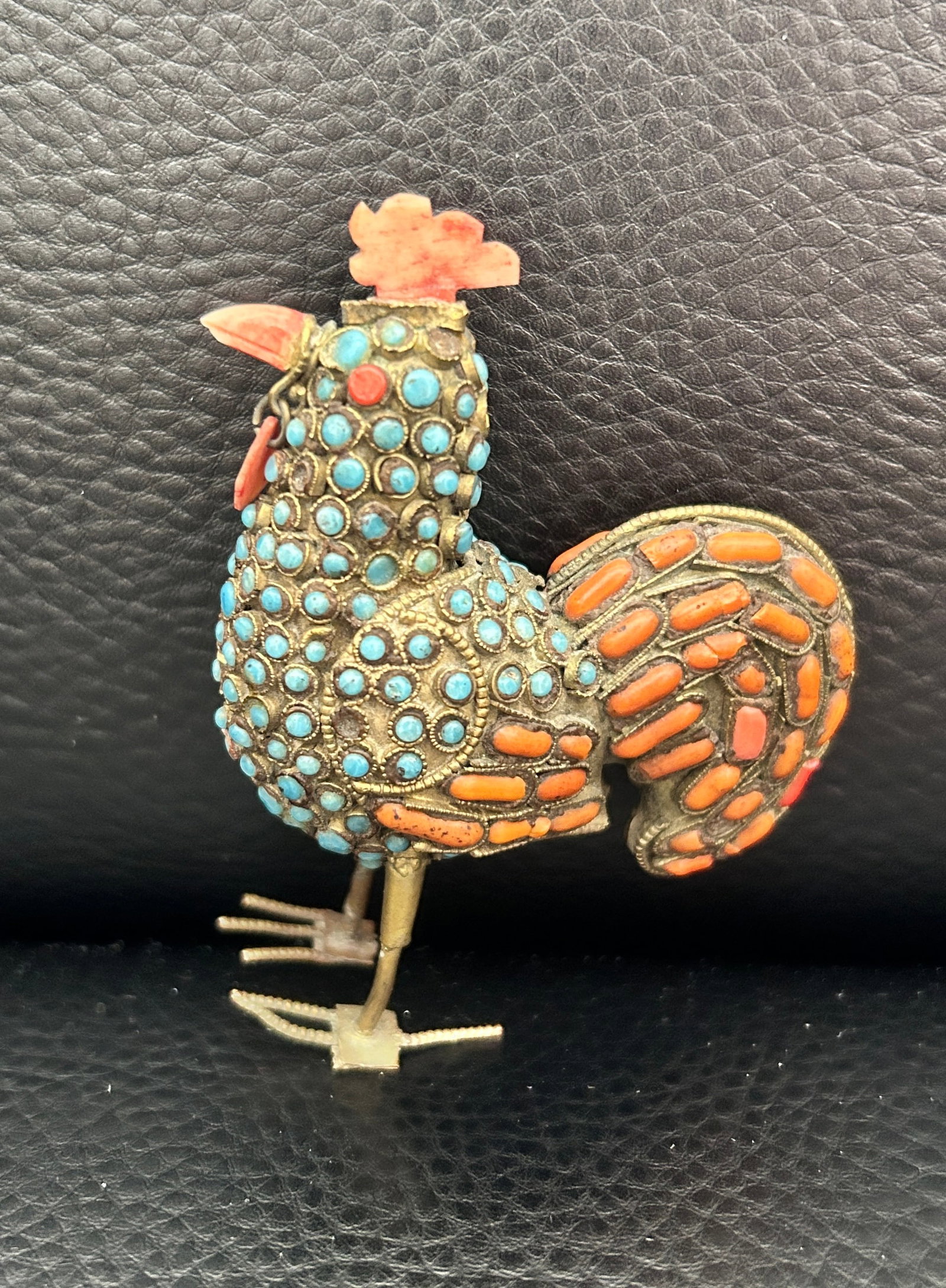 Vintage Tibetan Rooster Brass w/natural stones: DESCRIPTION: Vintage Tibetan Rooster Brass w/natural stones 3 x 3.5 x 1.25 MEASUREMENTS IN INCHES CONDITION: FAIR (missing back wire on