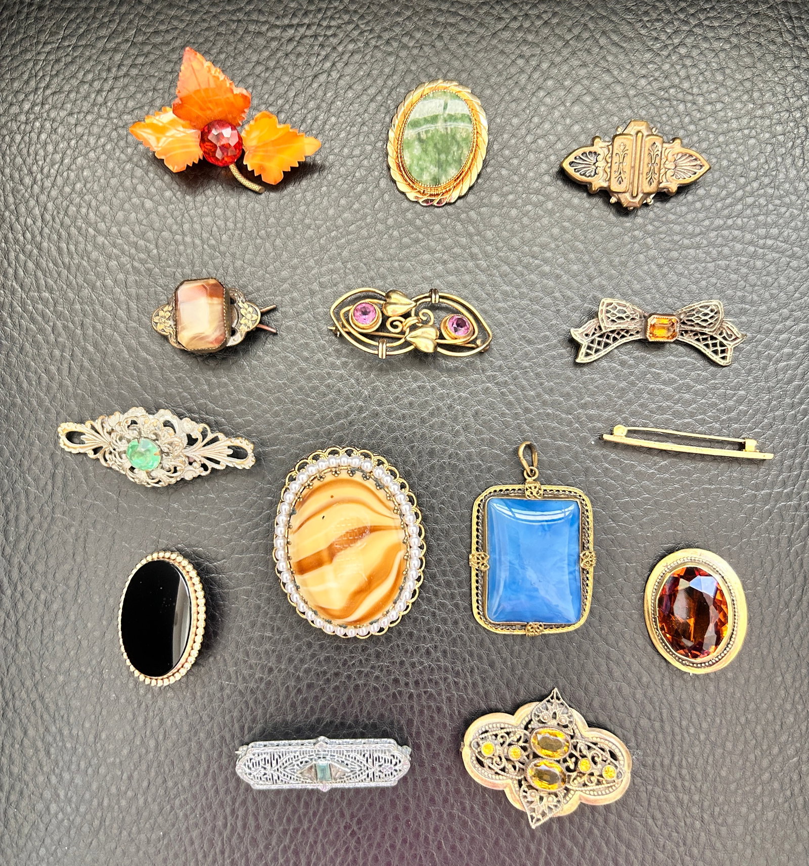 Vintage Coll. 12 Brooches 1 Pendant 1 Barrette Glass Nat'l Stone & Enamel (1 of 2)