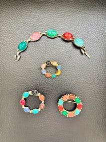 Vintage Multi Color Scarab Jewelry 3 circle Brooches 1 bracelet