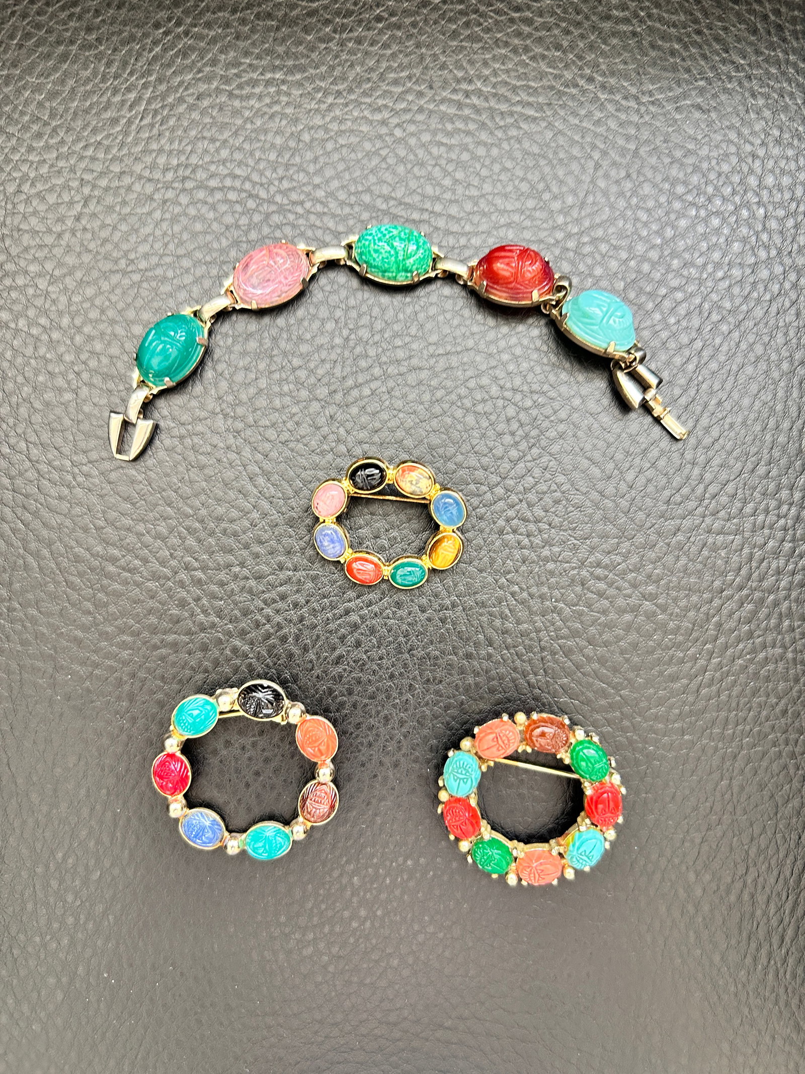 Vintage Multi Color Scarab Jewelry 3 circle Brooches 1 bracelet (1 of 2)