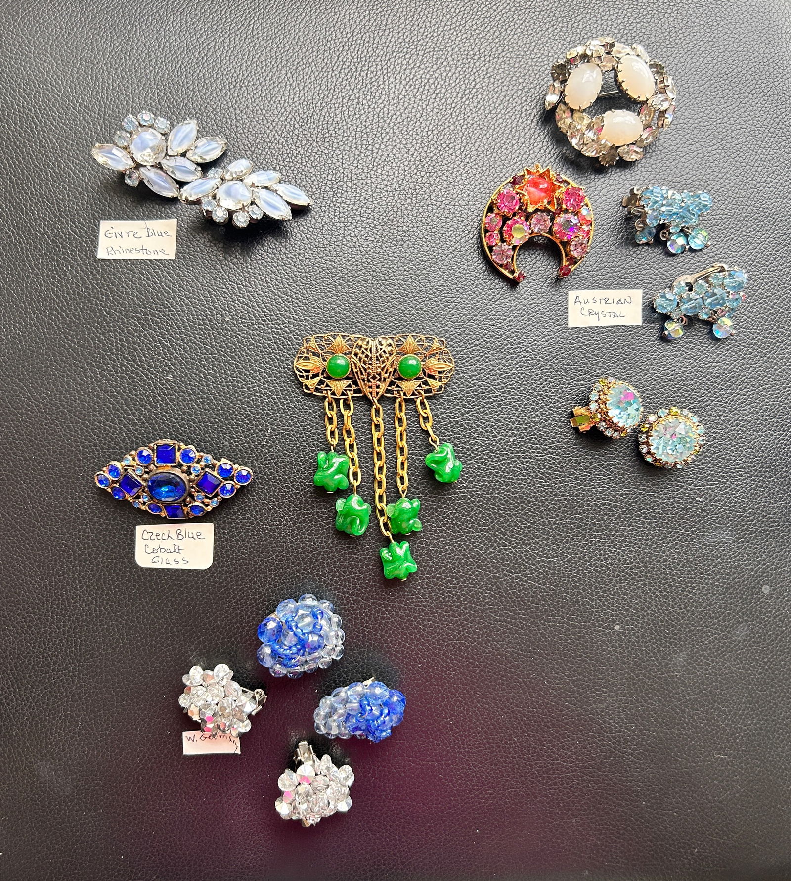 Crystal 4 Vintage Brooches 5 prs Earrings: Austrian, Czech, W. German, Givre Blue R/S (1 of 3)