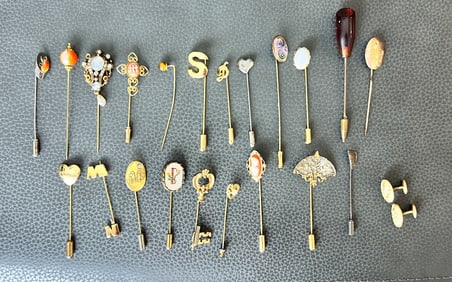 21 Vintage Stickpins; Hearts, Initials, 1 set pin/cufflinks