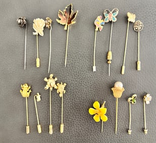 16 Vintage Stickpins; Flowers, Animals, Bugs, Butterflies