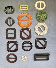 15 Vintage Bakelite, MOP, Other Plastic Belt Buckles, Scarf Slides