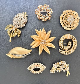8 Vintage Goldtone Brooches
