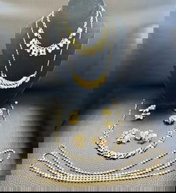 Vintage Goldtone & R/S 4 Necklaces 4 prs. Earrings