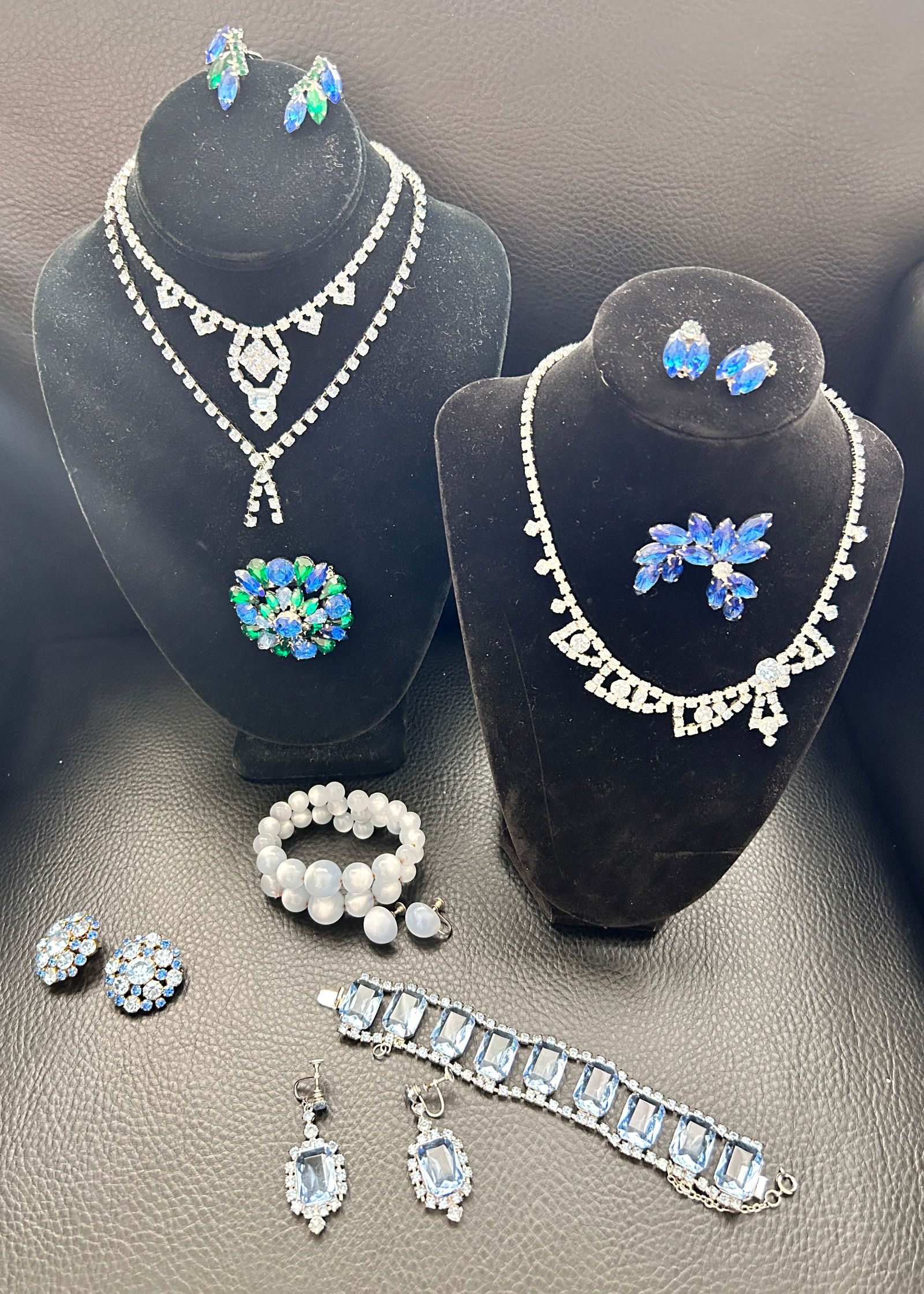 Vintage Blue R/S Jewelry; 2 sets Brooch/Ear 3 Neck, 2 sets Bracelet/Ear 1 pr Ear (1 of 2)