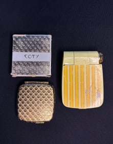 2 Coty Compacts: 50s Spaceship Pattern, & 60s Compact w/Lipstick