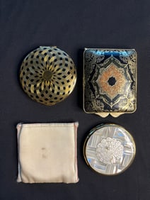 3 Vintage Compacts: Italian Leather, Mother of Pearl Peacock w/pouch, 60s KIGU
