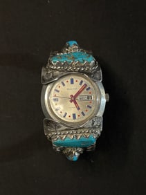 Vintage Native American Silver + Turquoise Bulova Watch
