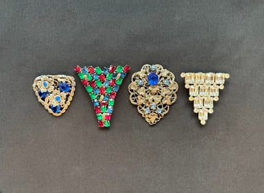 4 Vintage Art Deco Fur Clips Clear R/S, Cobalt Blue, Multicolor R/S