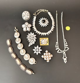 7 Vintage Brooches, 2 Necklaces, 2 Bracelets: Milk Glass, White Stone, R/S