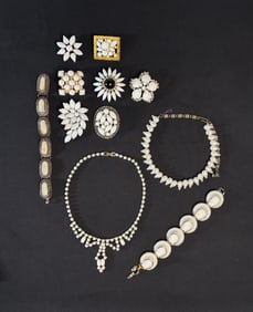 7 Vintage Brooches, 2 Necklaces, 2, Bracelets Milk Glass, White Stone, R/S