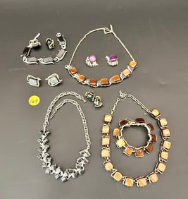 MCM Coro Brown/Black Thermoset/Lucite: 3 sets, 1 necklace, 2 PR earrings