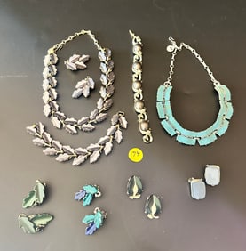 MCM Lisner Blue/Green Thermoset/Lucite 4 PR Earrings, 1 Parure, 1 Necklace, 1 Bracelet