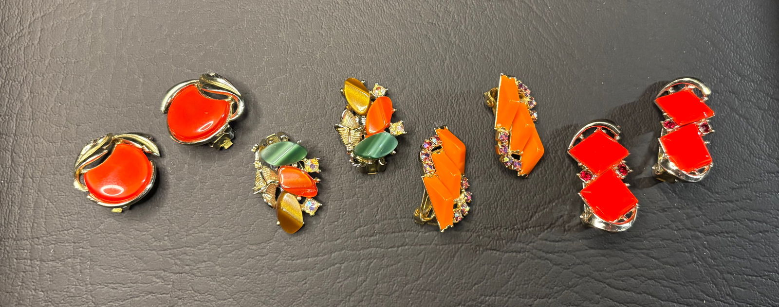 MCM Red Orange Thermoset/Lucite: 3 sets, 4 PR Earrings,  1 Necklace, 1 Bracelet (1 of 7)