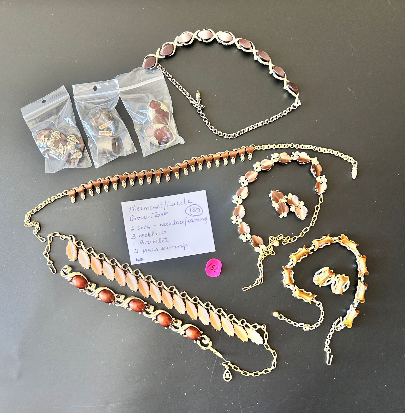 MCM Thermoset/Lucite Brown Tones: 2 sets, 3 Necklaces,  1 Bracelets, 3 PR Earrings (1 of 9)