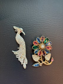 2 Vintage 30s Art Deco Brooches Floral Peacock