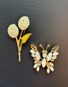 2 MCM Trembler Brooches: Enamel Flowers, Butterfly