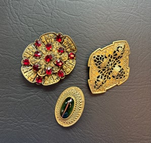 3 Antique Brooches: Copper and Czech Glass