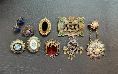 8 Antique Brooches 1 Pr Earrings: Glass, Micro Mosaic, Enamel
