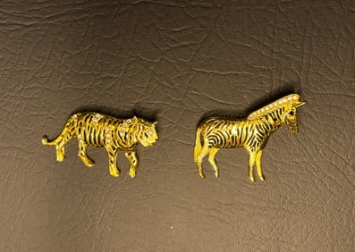 2 Vintage Animal Brooches Zebra, Tiger
