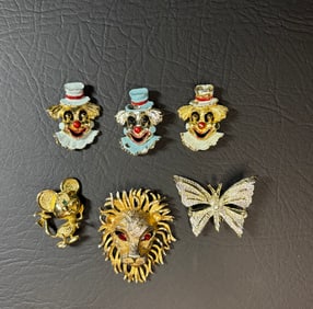 Vintage Gerry's Brooches, Mouse, Clown, Butterfly, Lion