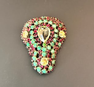 large Pear Shaped Brooch Red Yellow R/S Pave w/Turquoise glass Cabachons