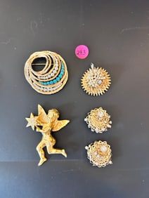 3 Goldtone Brooches 1 Pr. Goldtone earrings Urchin, Angel,