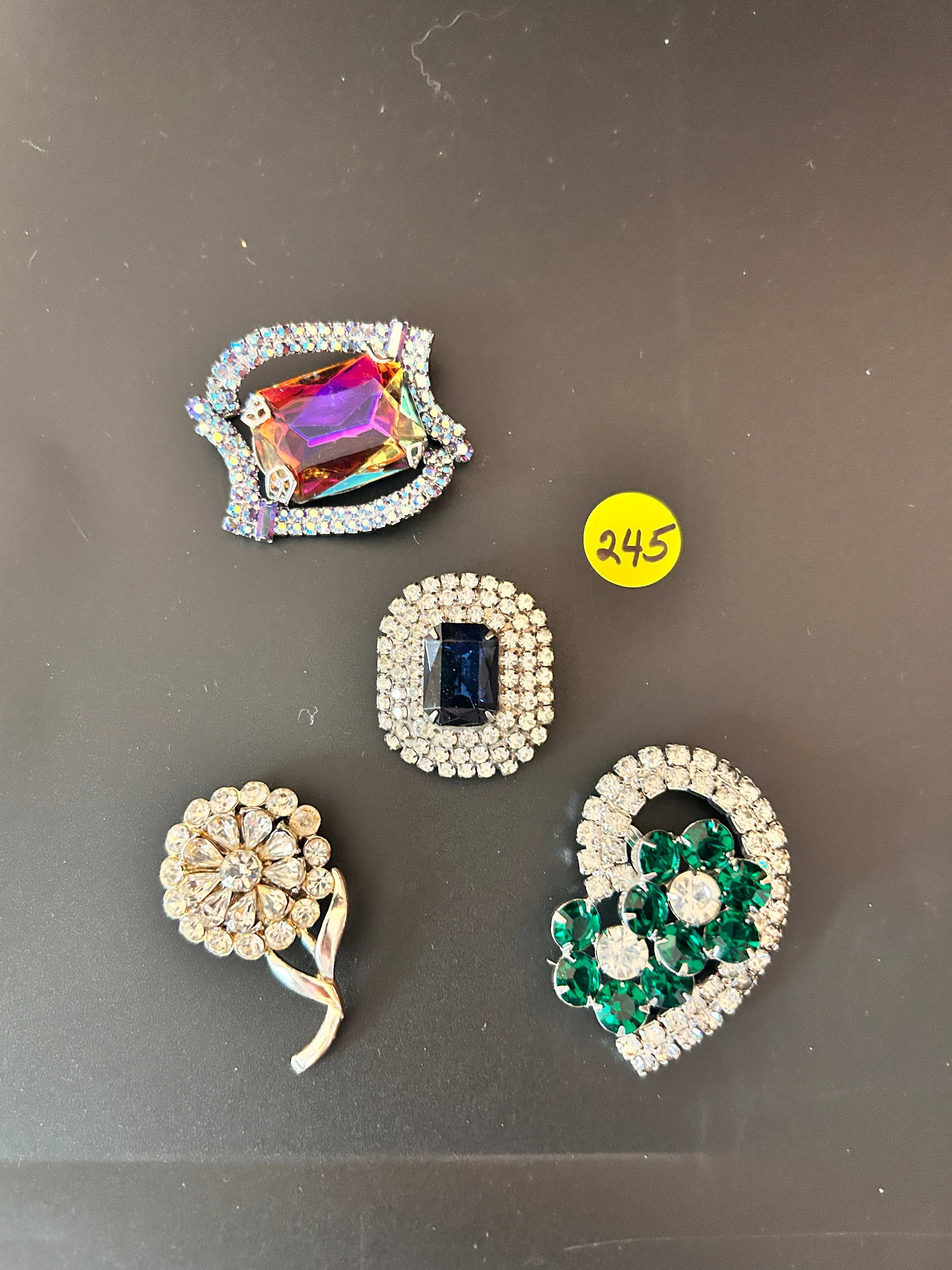 4 Vintage R/S. Brooches Flower, Art Deco, Watermelon: DESCRIPTION: 4 Vintage R/S. Brooches Flower, Art Deco, Watermelon Clear R/S Flower MCM Green and Stylized Floral Art Deco and Sapphire R/S clear R/S Watermel