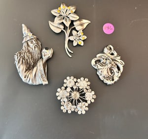 4 Silvertone Brooches Jeane Indiana JJ Pewter
