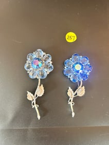 Pair Juliana Style Large Stemmed Flower Brooches
