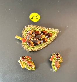 Juliana Set Brooch & Earrings Leaf amber peridot orange