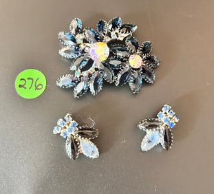 Juliana Brooch & Earrings Blue open-backed R/S A/B and clear