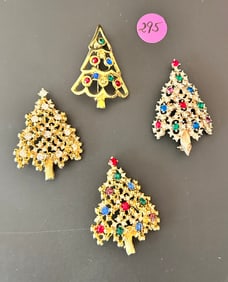 4 Eisenberg Ice Christmas Tree Brooches Multi Colored R/S goldtone